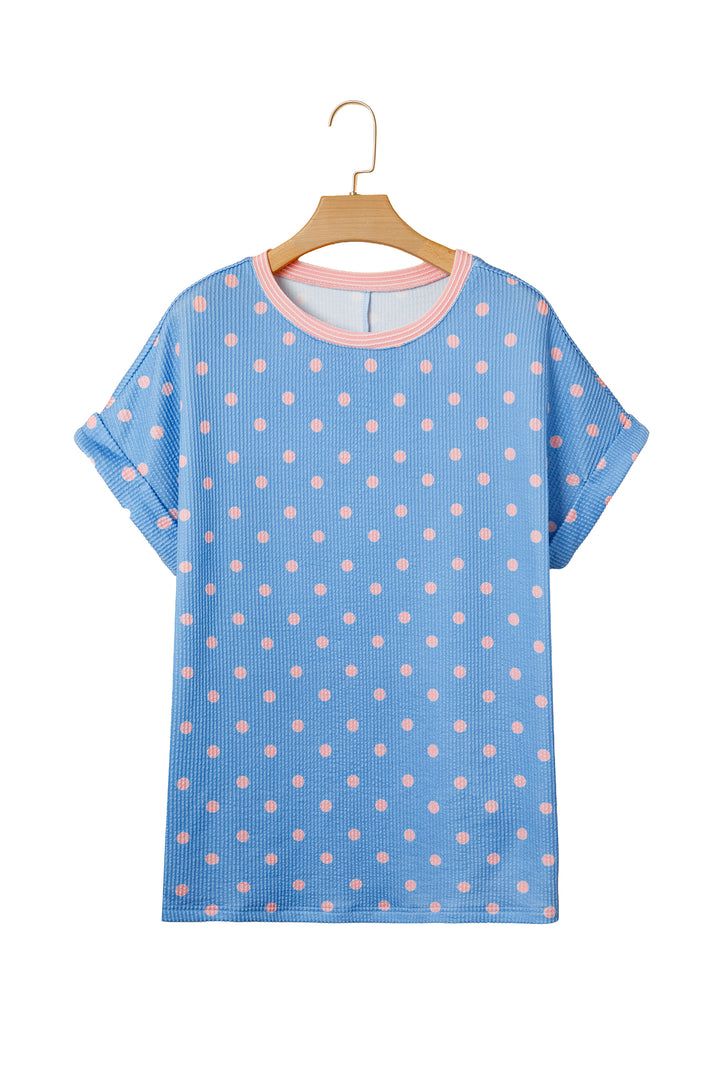 Sky Blue Raised Rib Polka Dot Print Cuffed Short Sleeve Top
