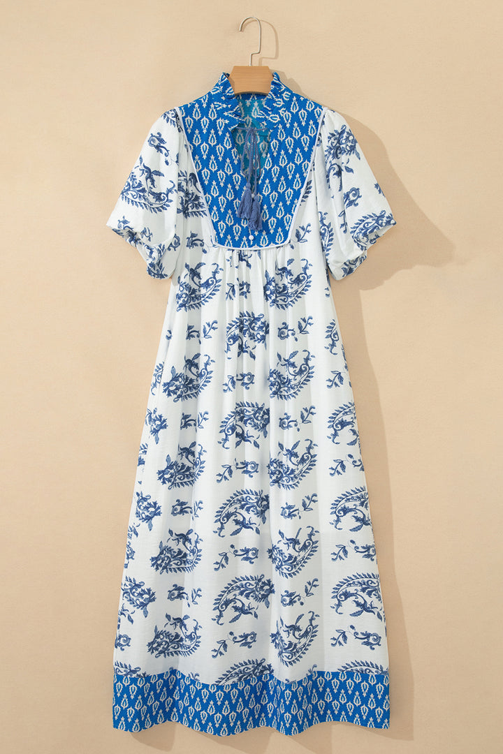 Sky Blue Boho Abstract Print Contrast Trim V Neck Tassel Tie Dress