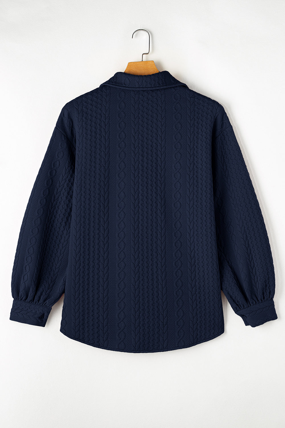 Navy Blue Cable Texture Puff Sleeve Loose Shacket