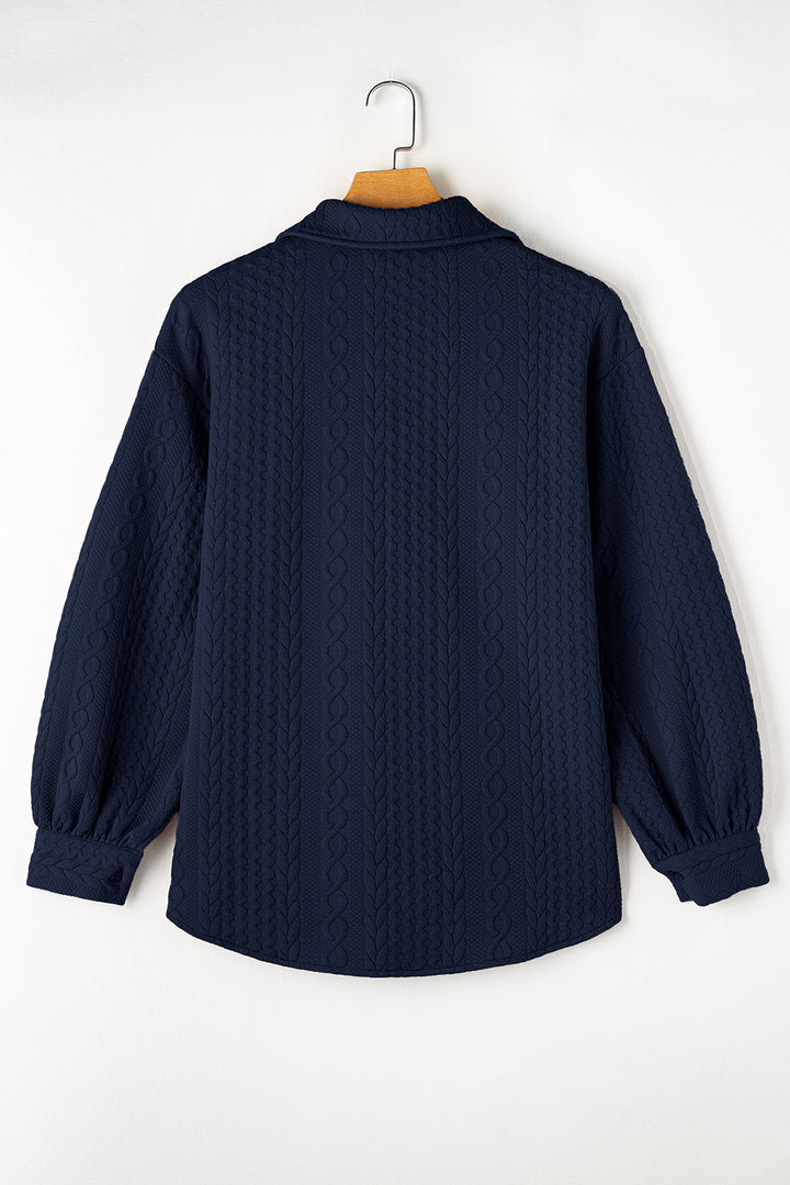 Navy Blue Cable Texture Puff Sleeve Loose Shacket