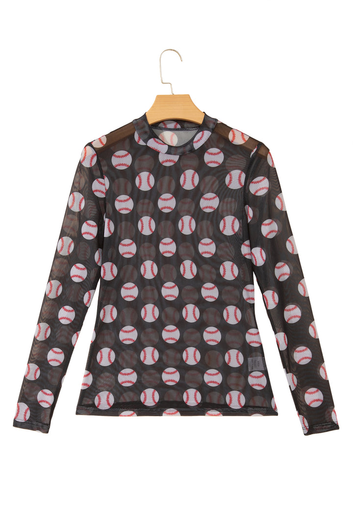 Black Baseball Game Day Sheer Mesh Long Sleeve Top