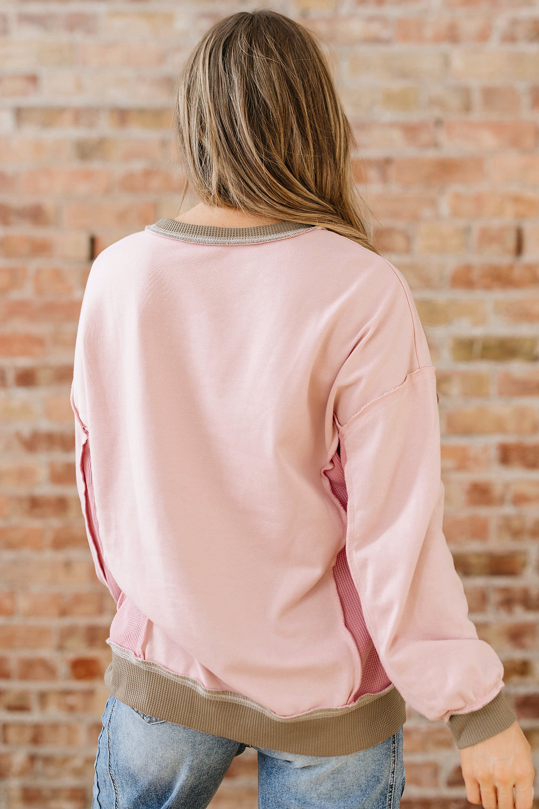 Color Block Mix Texture Waffle Patchwork Oversize Sweatshirt