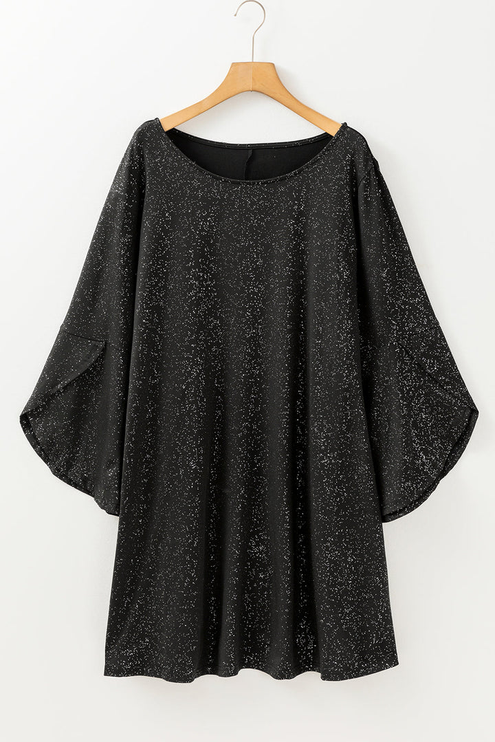 Plus Size Glitter Metallic Bell Sleeve Round Neck Mini Dress