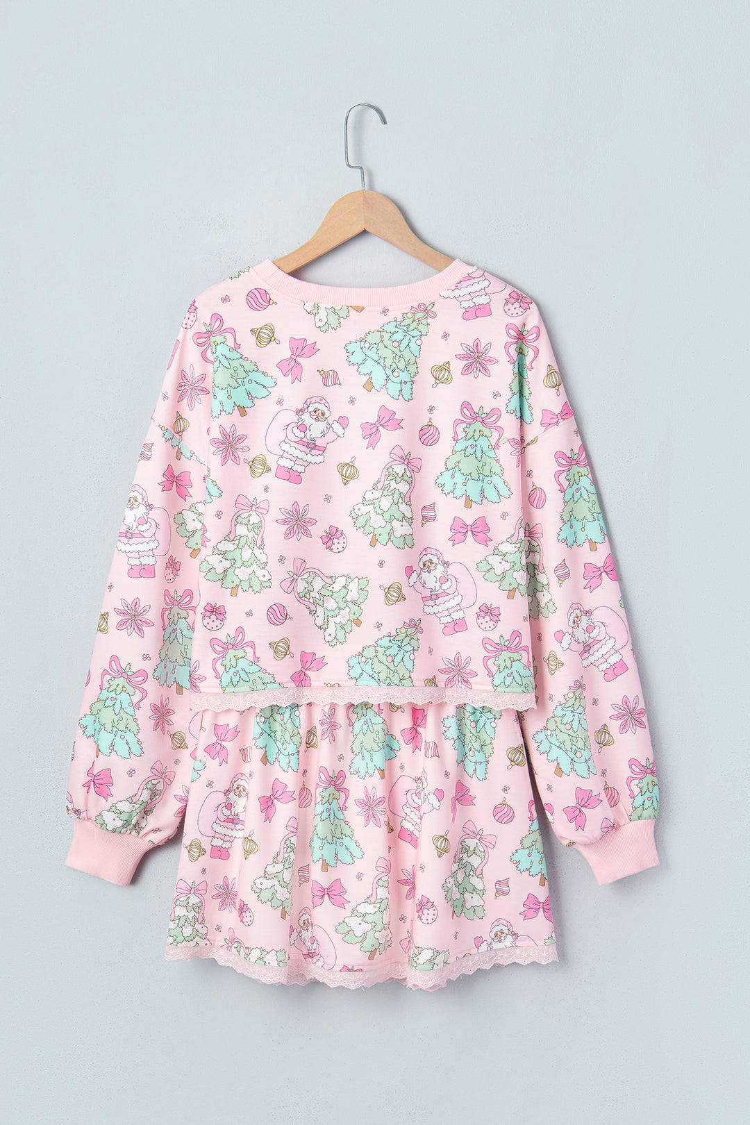 Pink Floral Print Lace Trim Long Sleeve Skirt Set