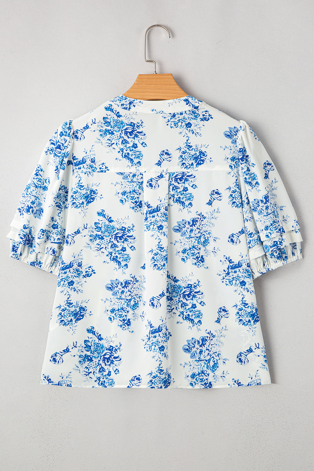 floral tiered puff short sleeve pleated bust buttoned casual shirt