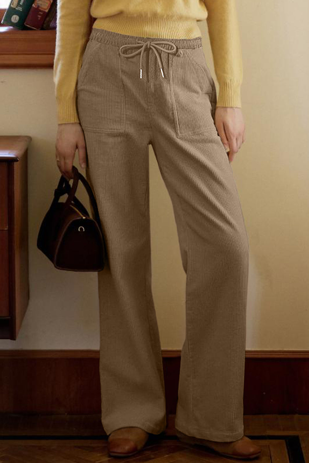 Parchment Tie Elastic Waist Soft Corduroy Pants