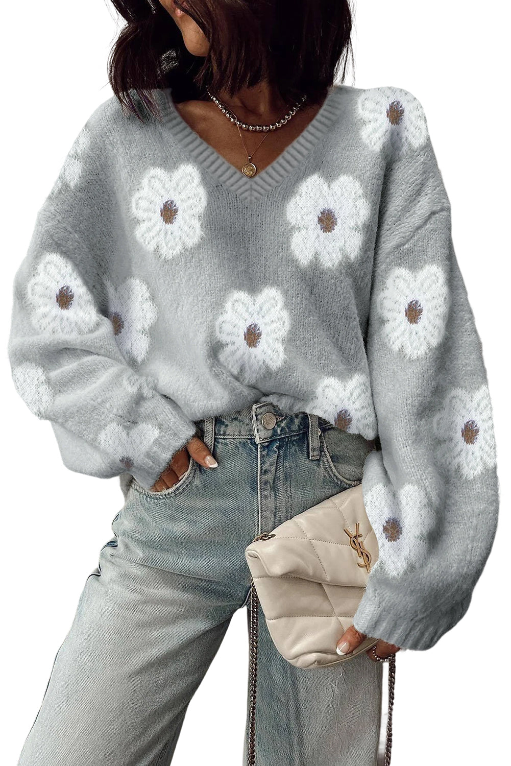 Cute Flower Print V Neck Drop Shoulder Baggy Sweater