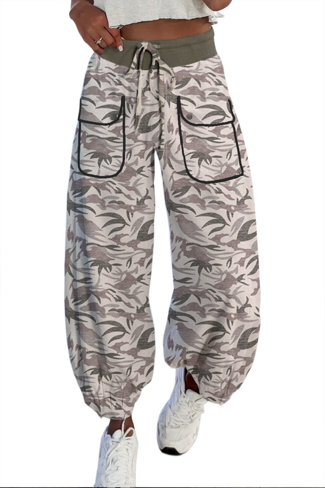 Khaki Drawstring Contrast Waistband Camouflage Joggers Pants