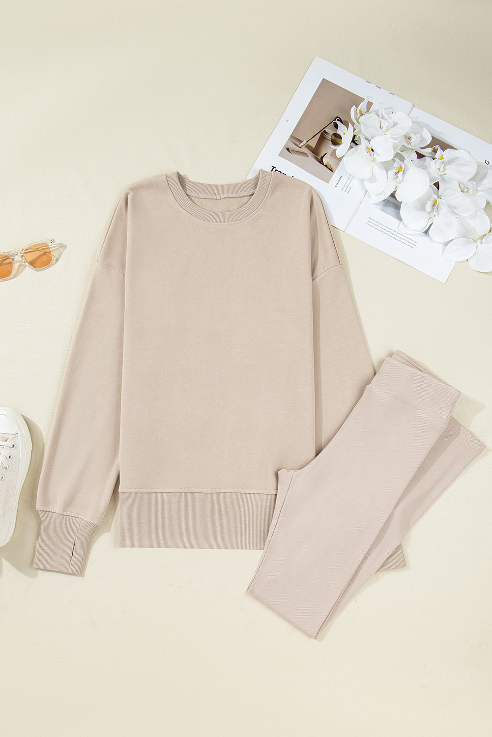 Jet Stream Oversize Slit Sweatshirt Ribbed Leggings 2pcs Set