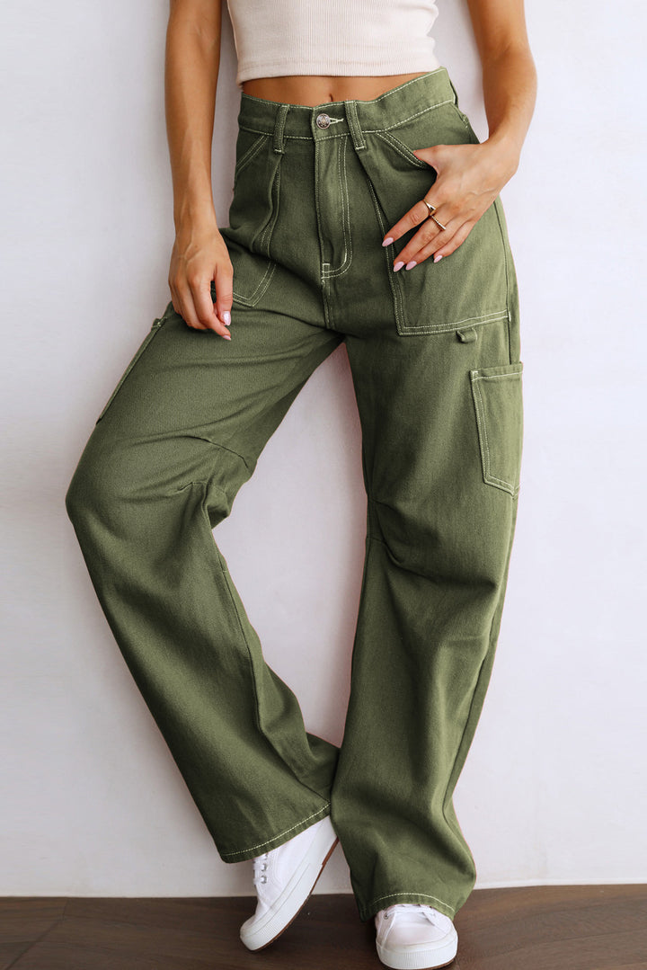 Green High Waist Straight Leg Cargo Pants with Pockets