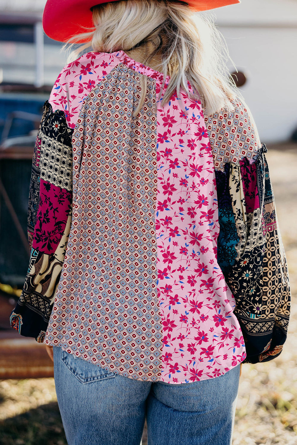 Boho Mixed Floral Drop Shoulder Bubble Sleeve Blouse