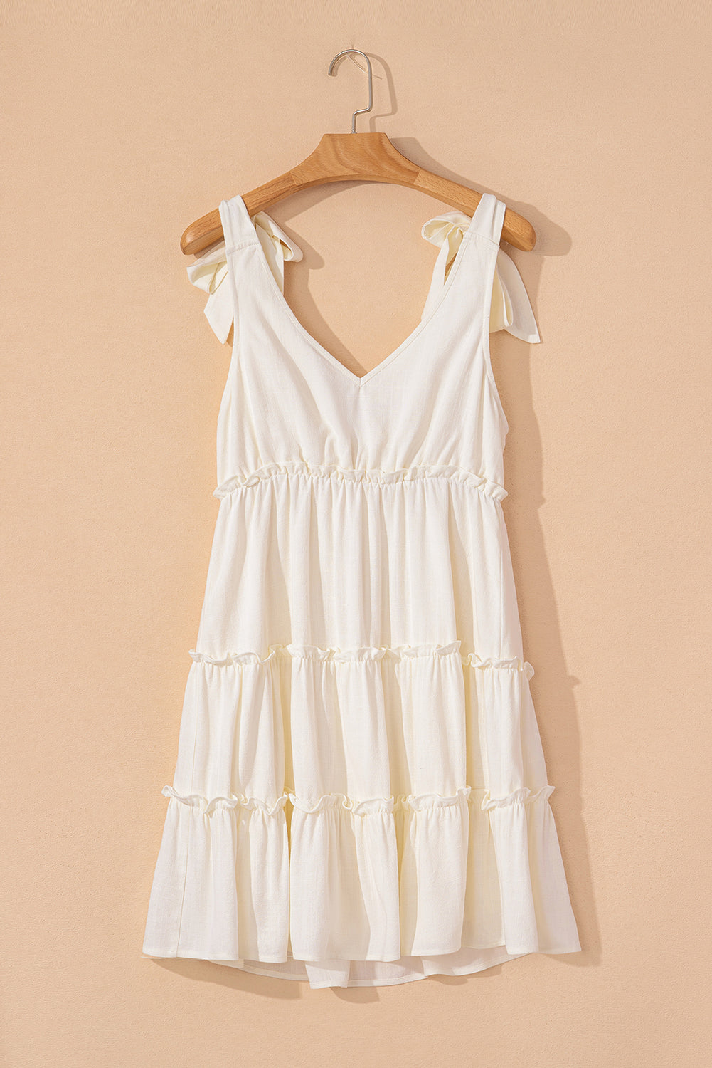 solid color tied straps ruffle tiered mini dress
