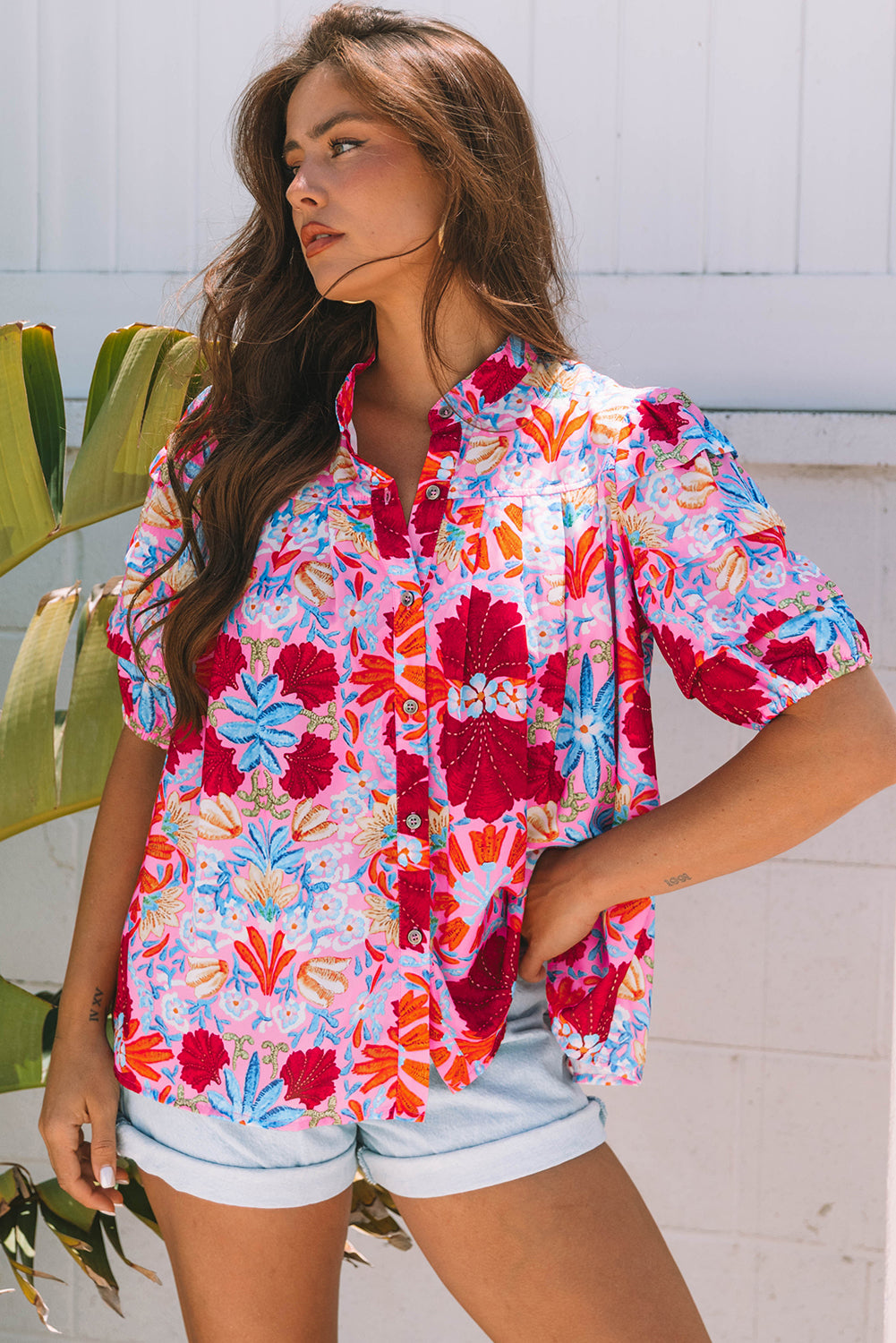 Floral Print Bubble Sleeve Button Up Pleated Shirt