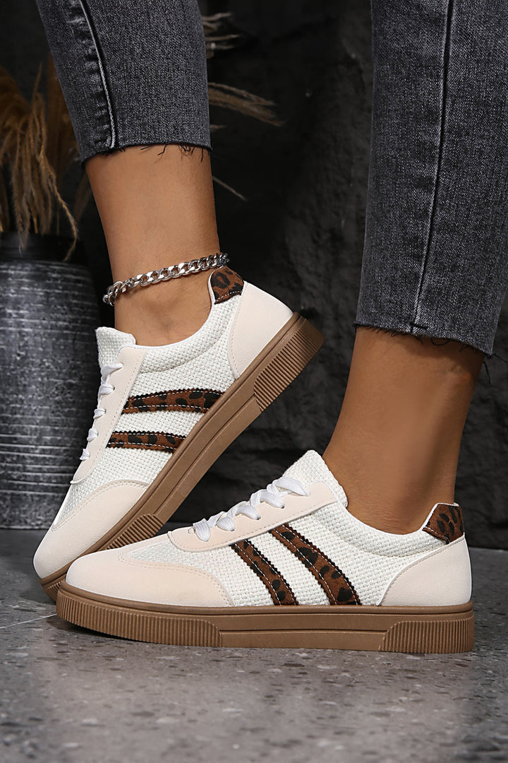 Textured Woven PU Leather Leopard Patchwork Flat Sneakers