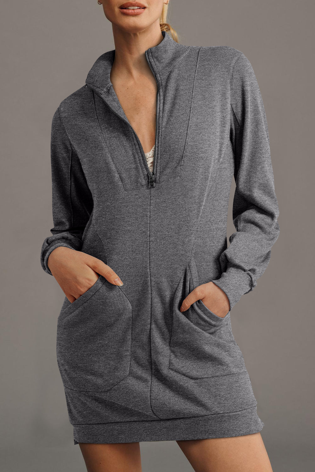 Zip up Collared Ribbed Patchwork Sweatshirt Dress with Pockets