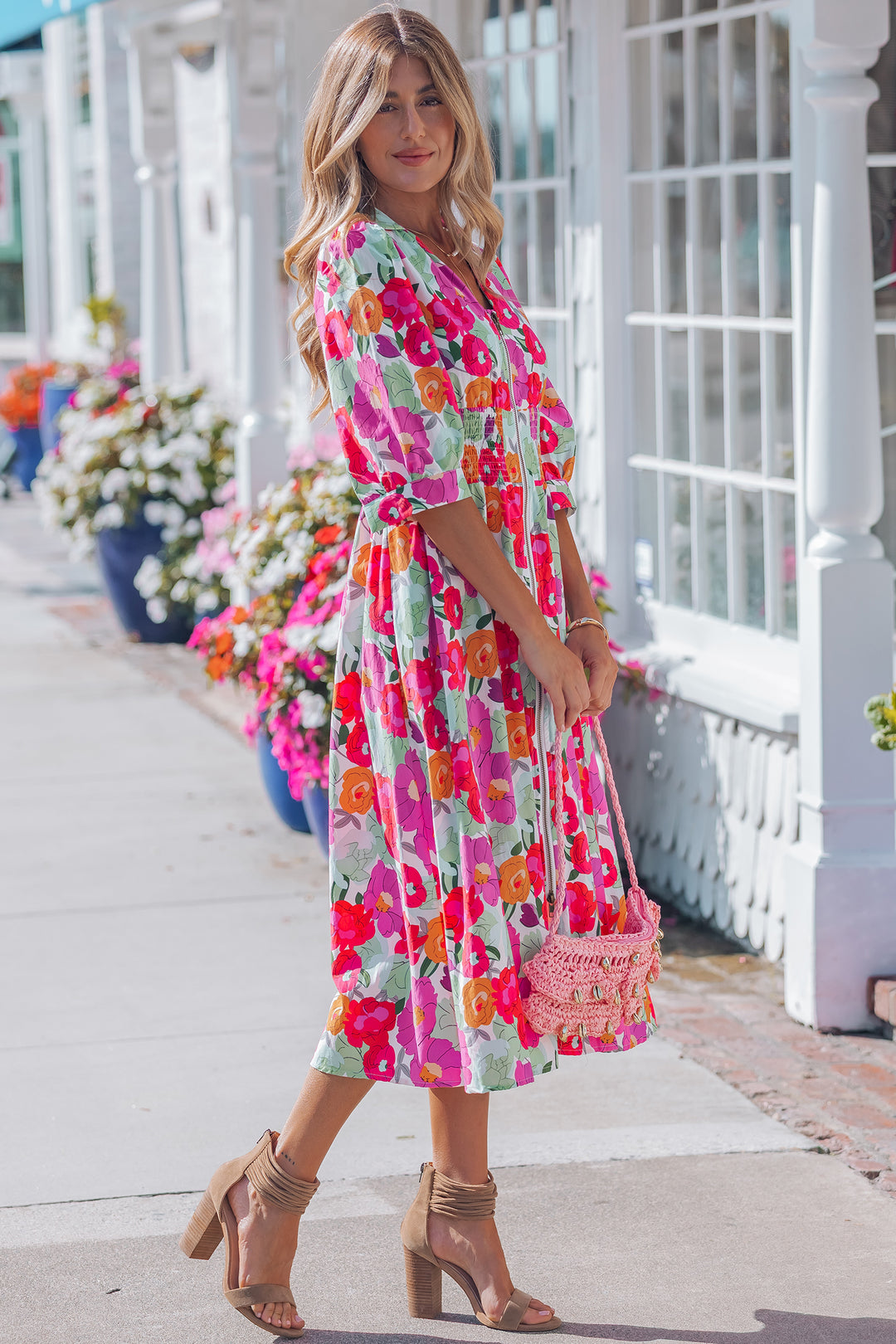 Rose Vibrant Floral Print Zip Up Puffy Half Sleeve Dress