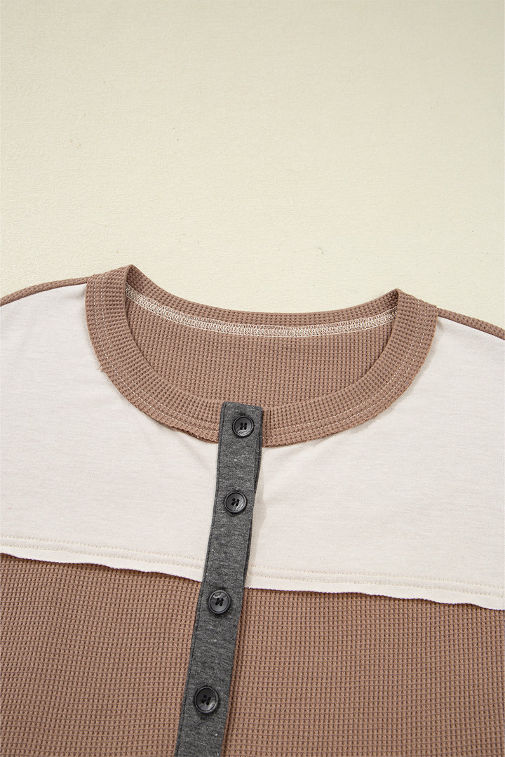 Jet Stream Color Block Waffled Patchwork Loose Henley Top