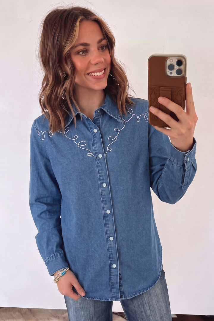 Dusk Blue Western Embroidered Collar Long Sleeve Denim Shirt