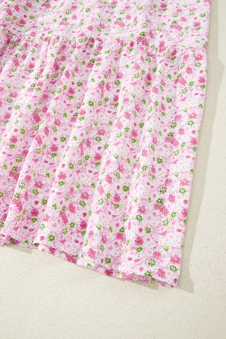 Pink Floral Short Shirred High Waist Maxi Dress