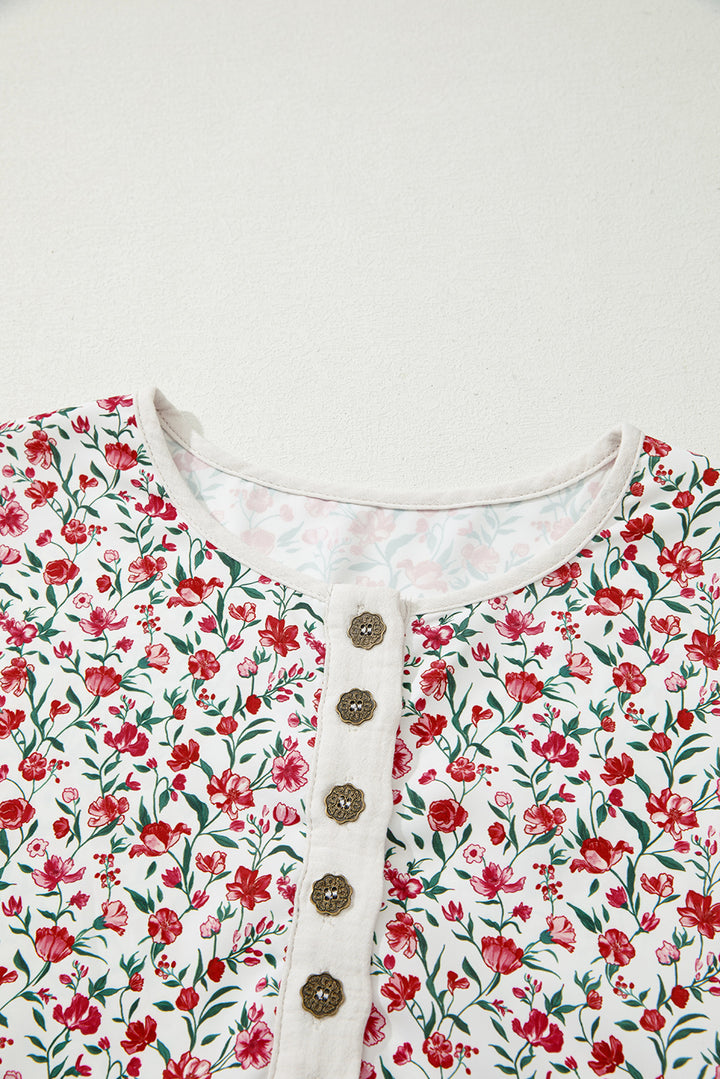 Floral Print Gauze Patchwork Henley Button 3/4 Sleeve Blouse