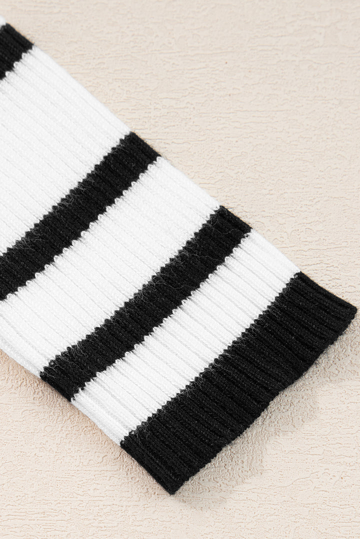 Scalloped Trim U Neck Striped Ribbed Slim Sweater