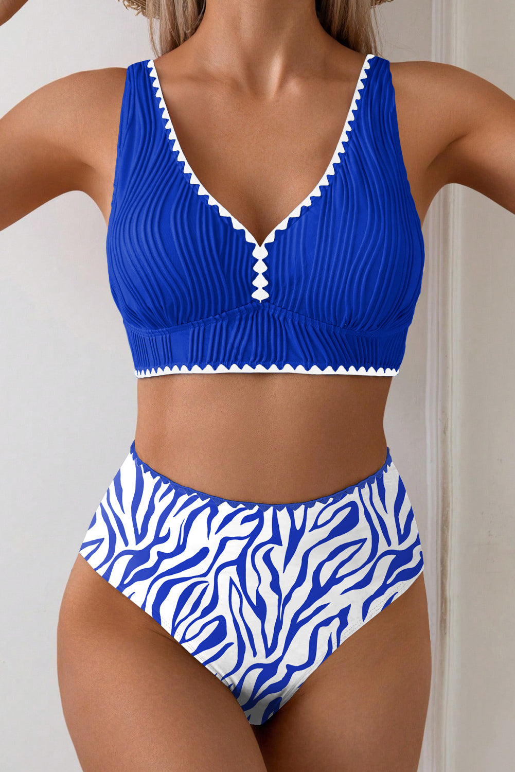 Dark Blue Shell Stitched Trim V Neck Textured Mix and Match High Waist Bikinis