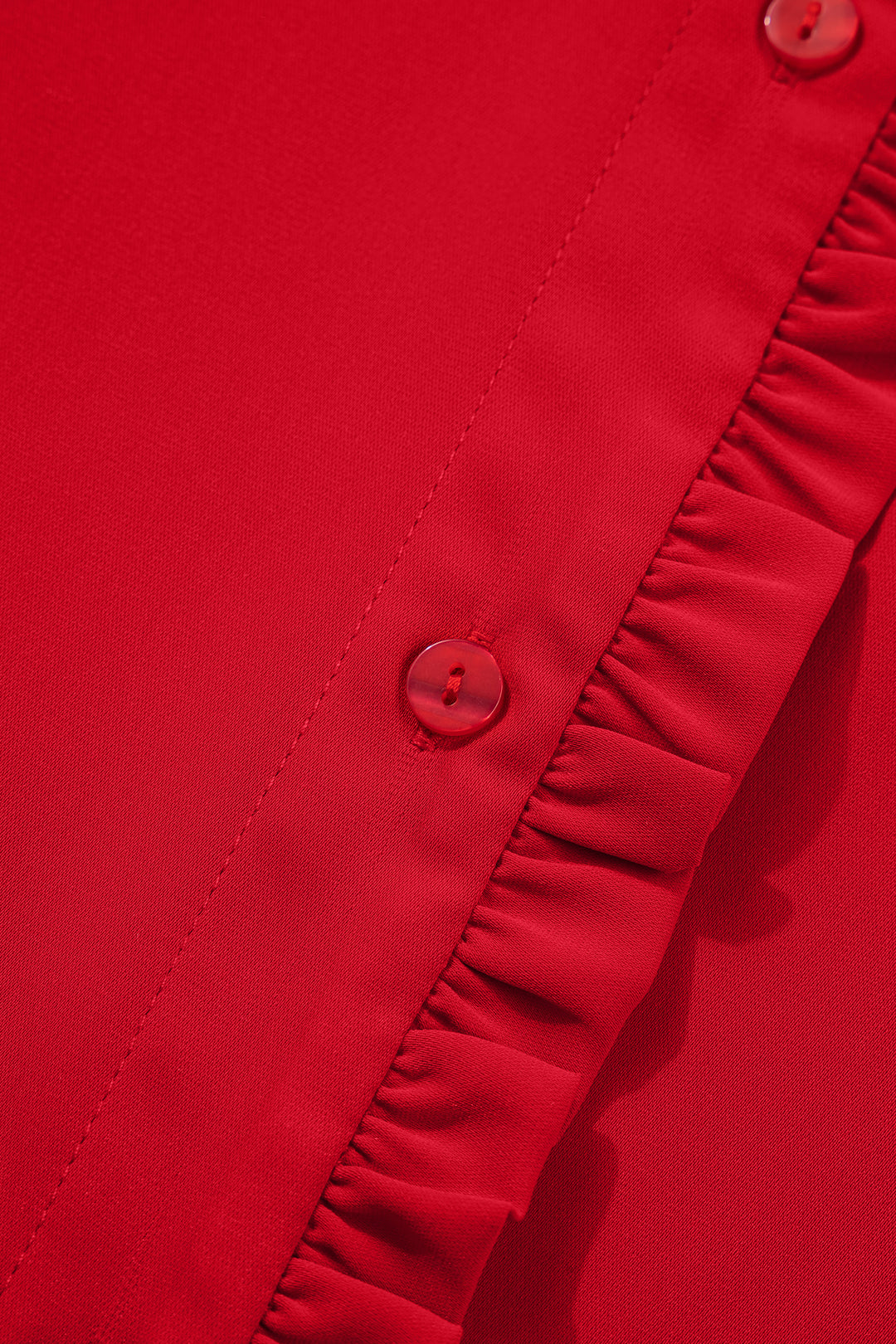 Fiery Red Frilled Trim Button Up Pleated Long Sleeve Shirt