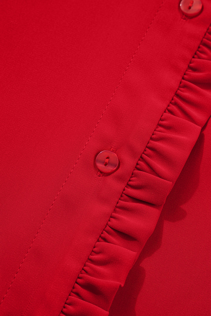 Fiery Red Frilled Trim Button Up Pleated Long Sleeve Shirt