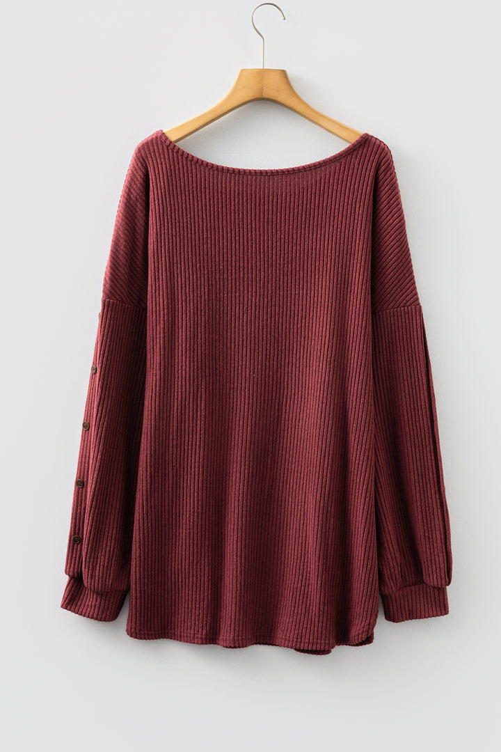 Wild Ginger Plus Size Ribbed Button Decor Long Sleeve Loose Top