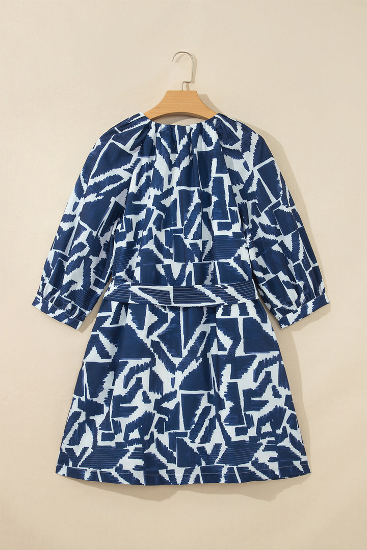Blue Abstract Geometric Print Zip Front Shift Dress