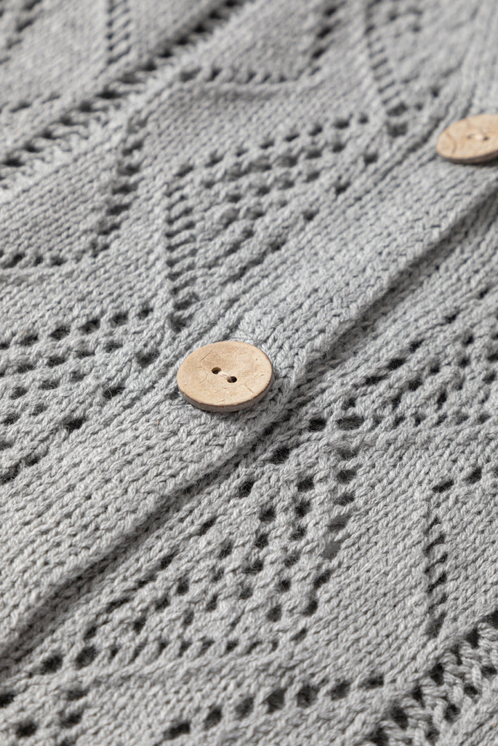 Gray Hollow-out Openwork Cotton Knit Cardigan