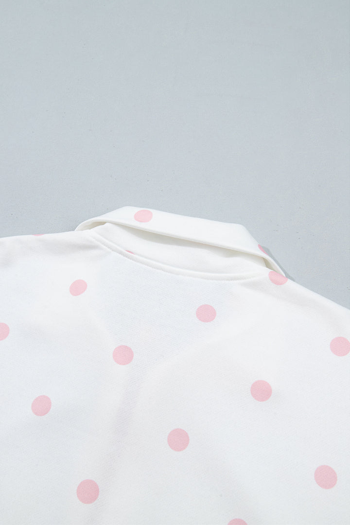 Pink Polka Dot Half Zip Drop Shoulder Relaxed Sweatshirt