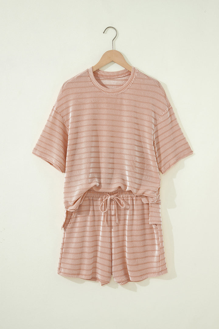 Khaki Stripe Raised Rib Loose Tee Drawstring Elastic Waist 2pcs Short Set