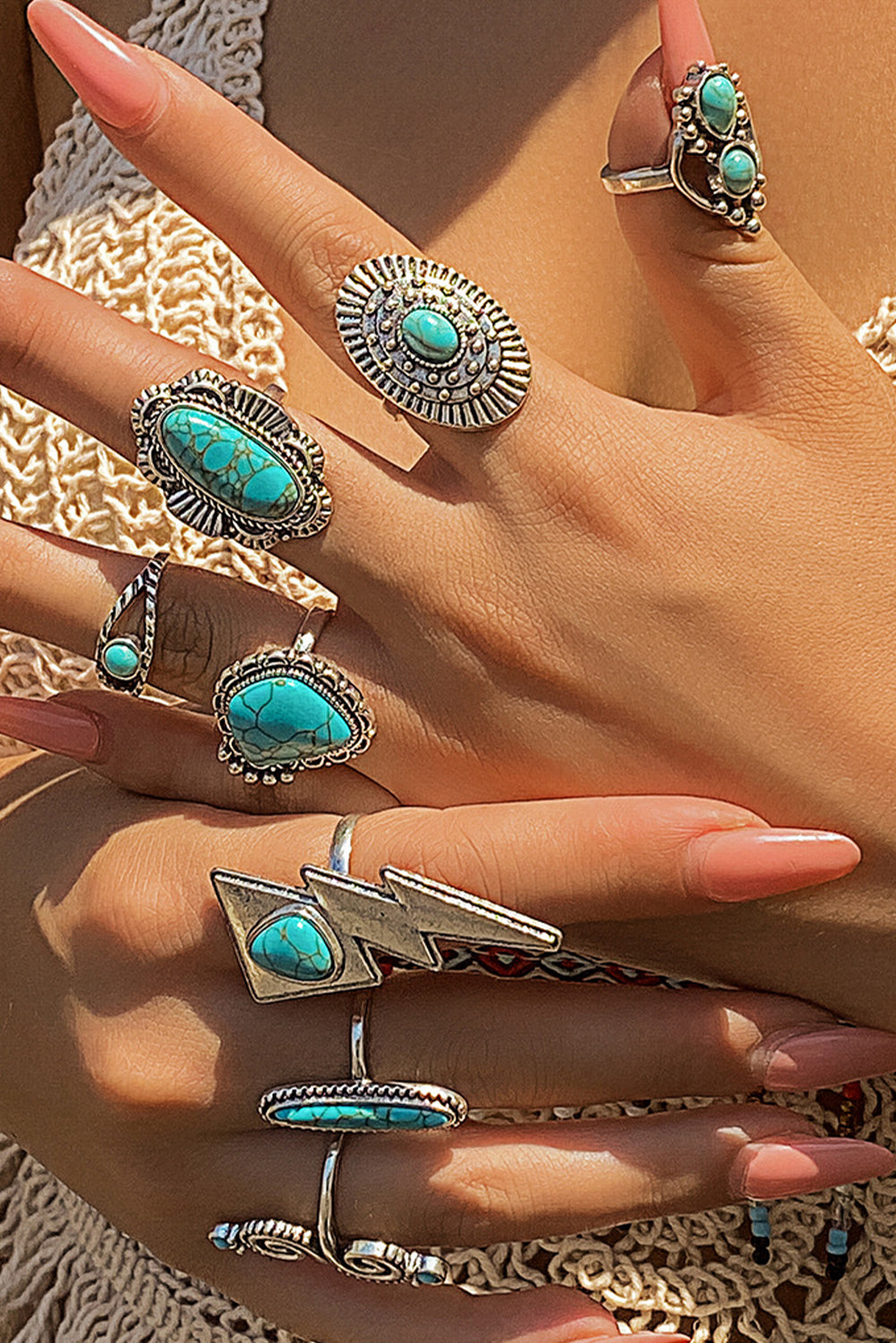 8-teiliges Western-Ringset mit Türkiseinlage