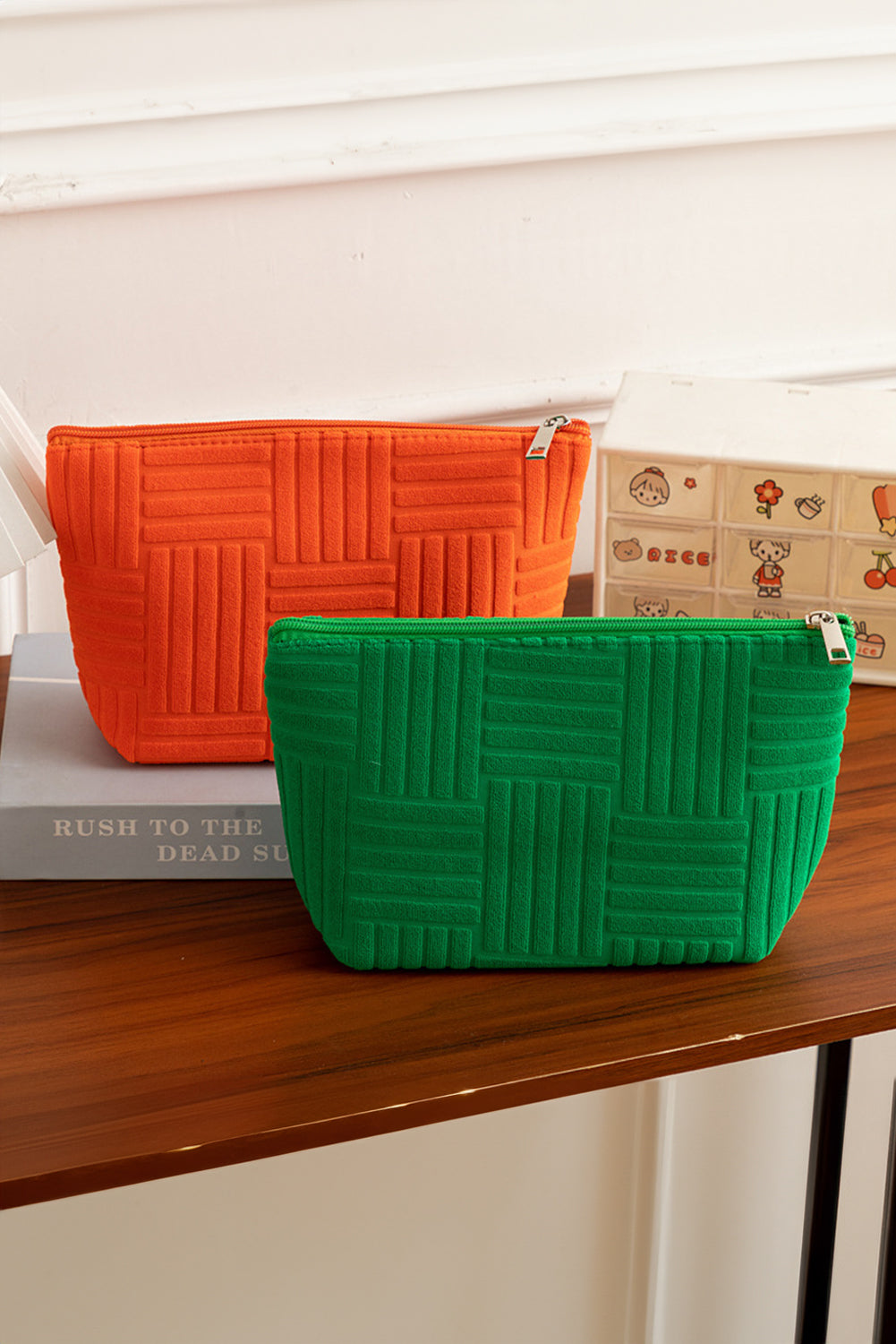 Textured Woven Pattern Zipper Cosmetic Bag