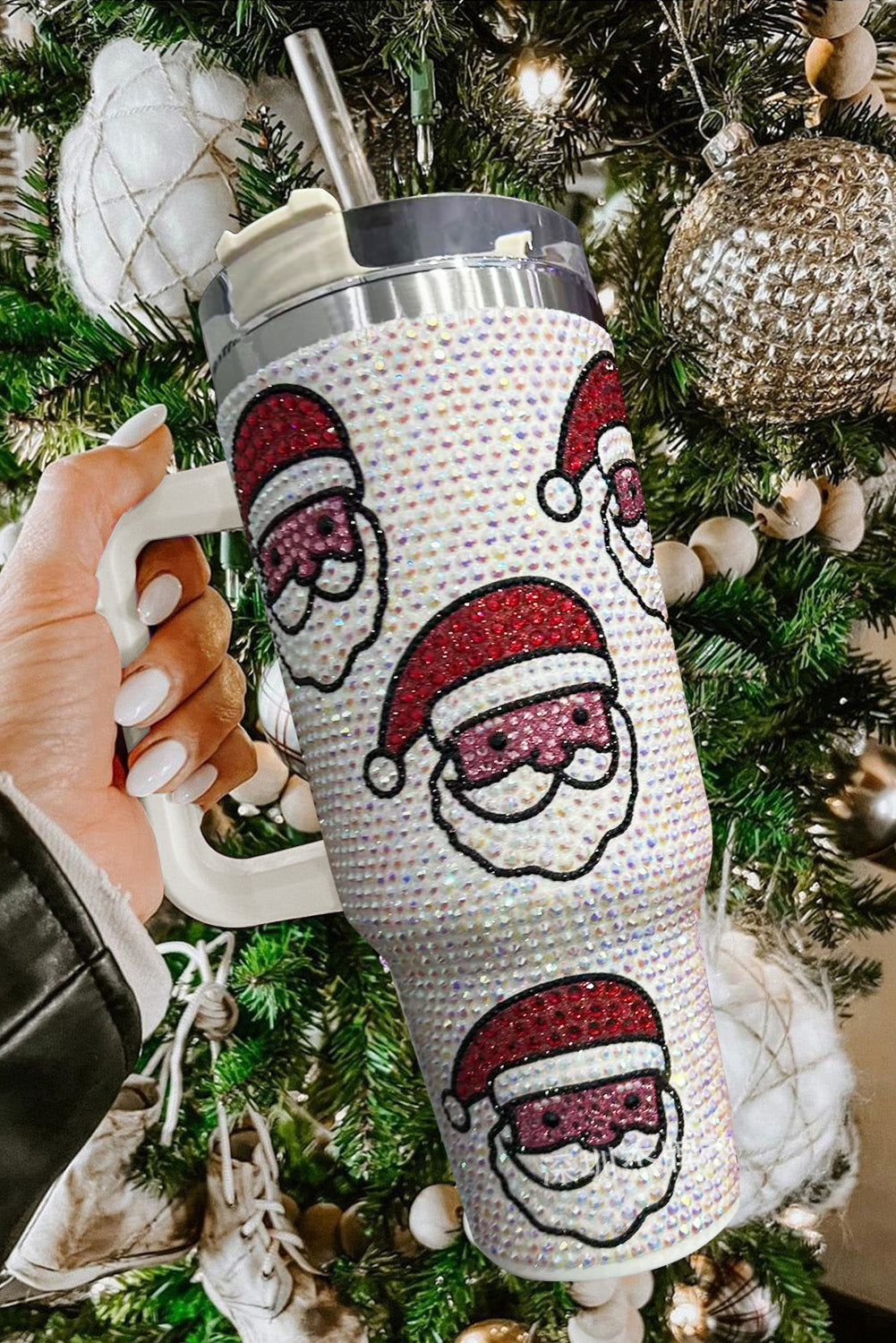 Christmas Santa Claus Diamond Thermos Cup with Straw 40oz