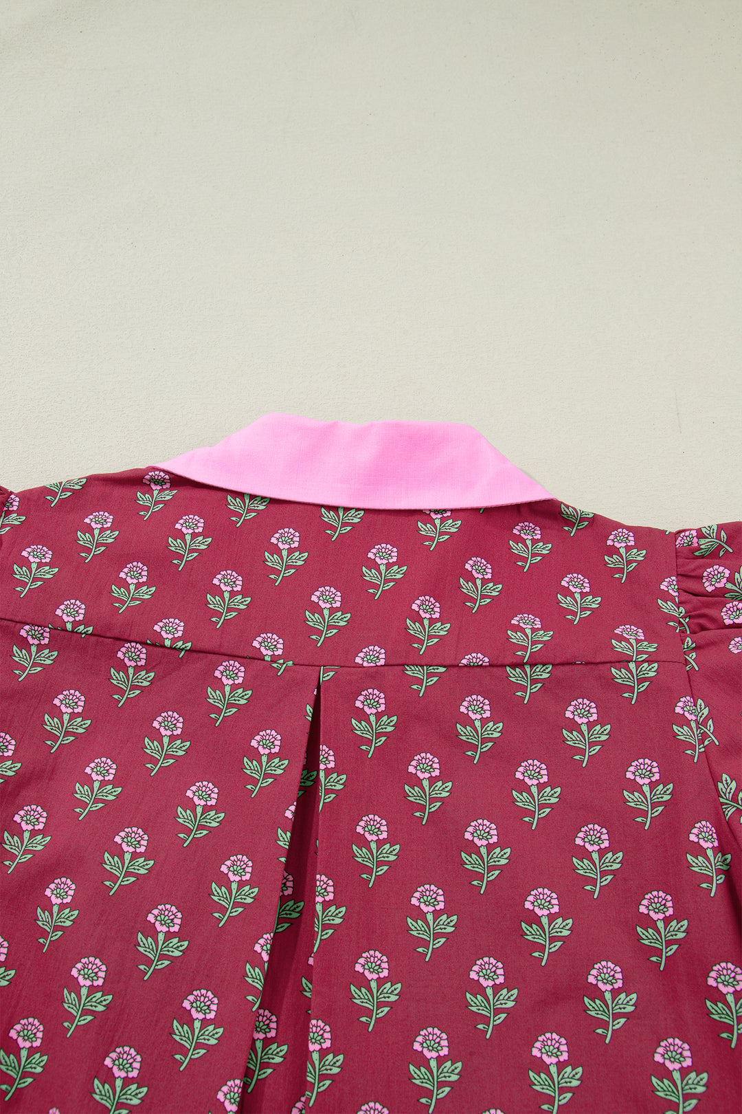 Contrast Collared V Neck Ricrac Trim Short Puff Sleeve Flower Blouse