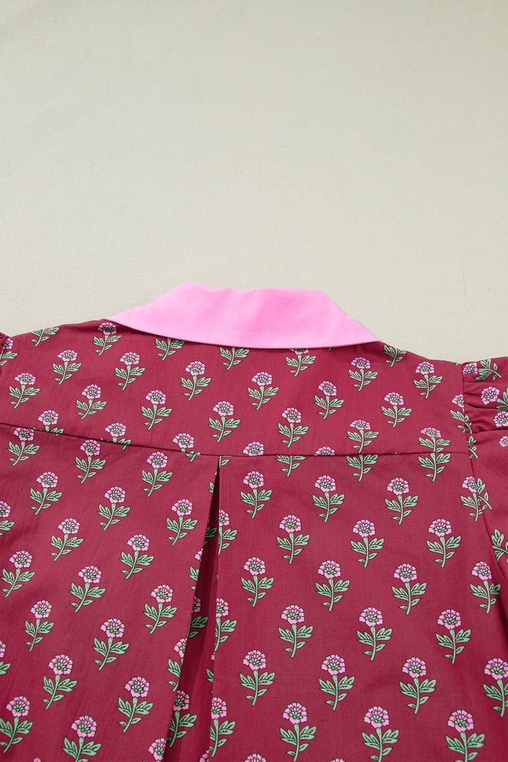 Contrast Collared V Neck Ricrac Trim Short Puff Sleeve Flower Blouse