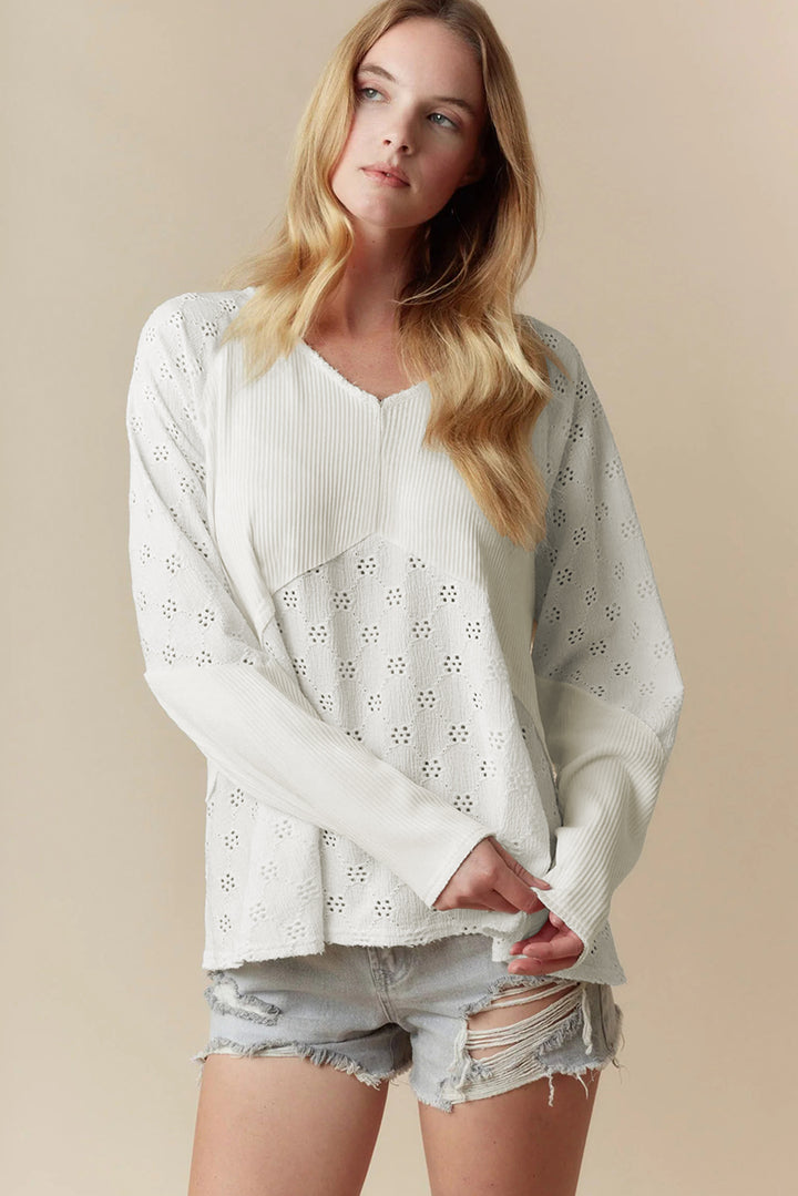 Twisted Rib Patchwork Embroidered Loose V Neck Long Sleeve Top