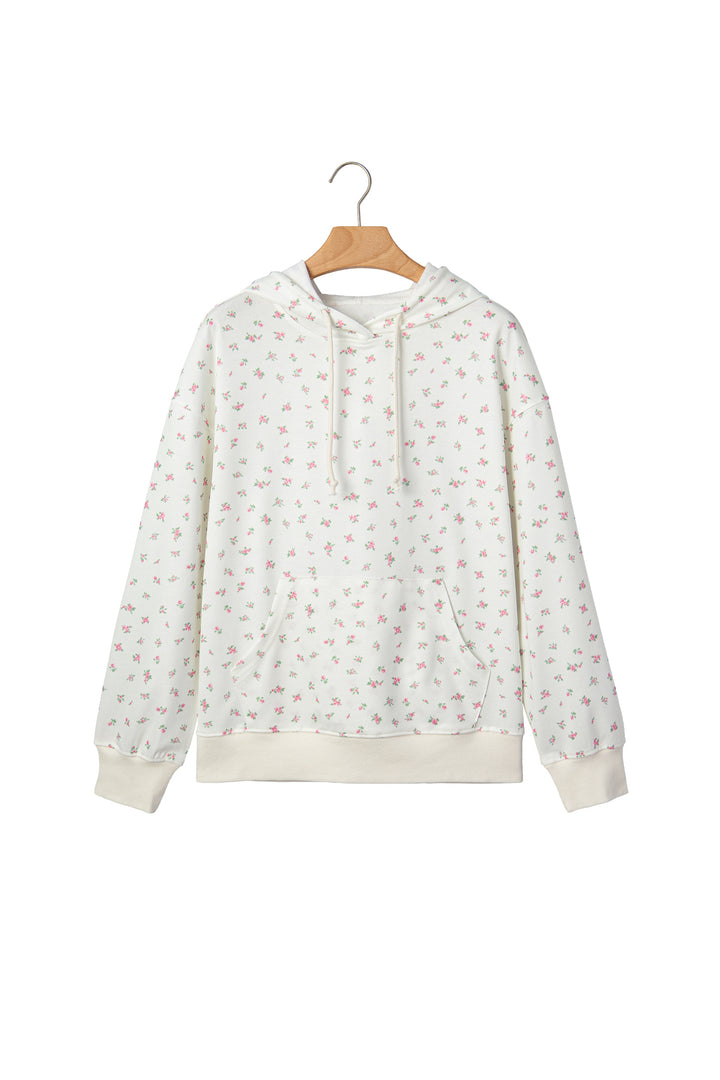 White Floral Print Ribbing Drawstring Hem Long Sleeve Hoodie