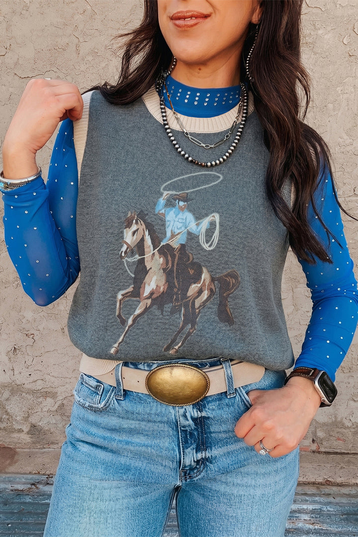 Gray Western Print Colorblock Trim Knitwear Vest
