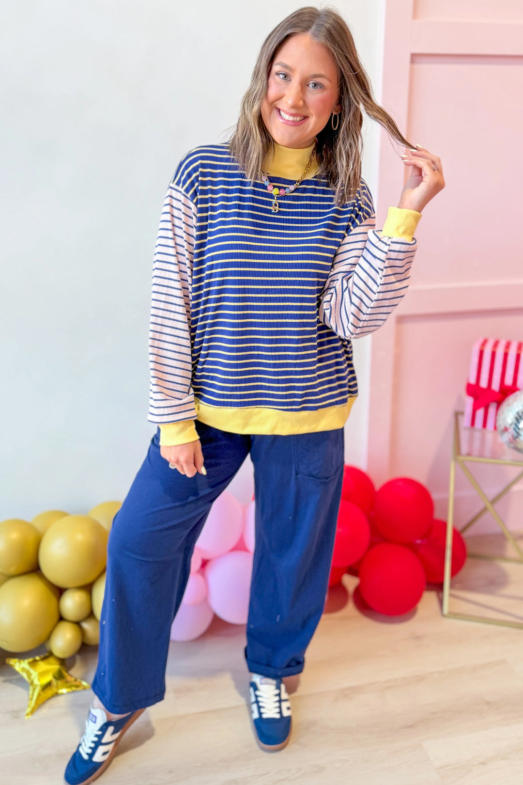 Blue Stripe Contrast Long Sleeve Crew Neck Pullover Top