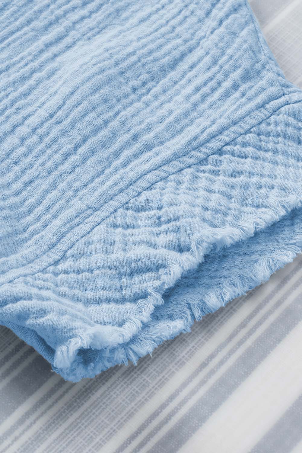 Sky Blue Frayed Batwing Sleeve Textured Cotton Blouse