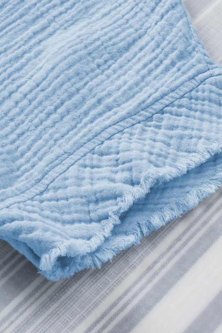 Sky Blue Frayed Batwing Sleeve Textured Cotton Blouse