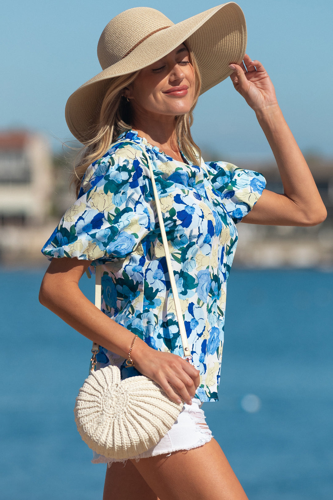 Floral Print Short Puff Sleeve V Neck Blouse