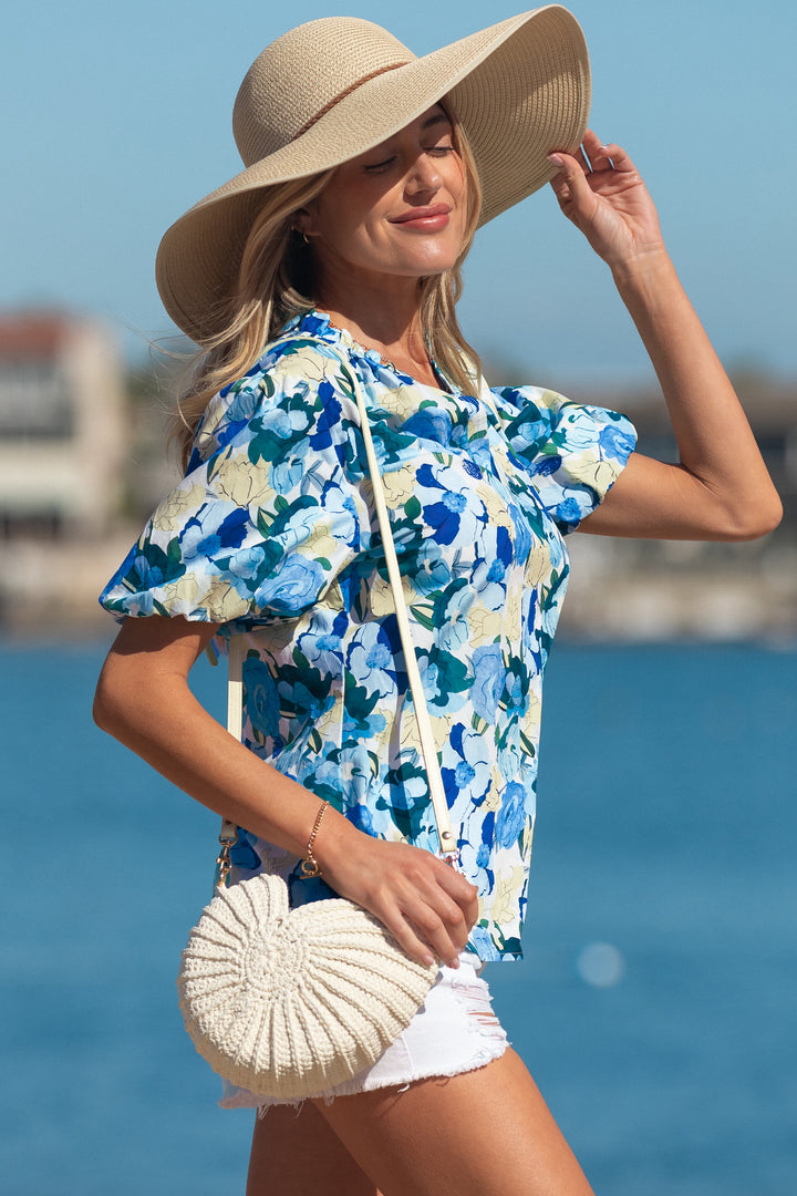 Floral Print Short Puff Sleeve V Neck Blouse