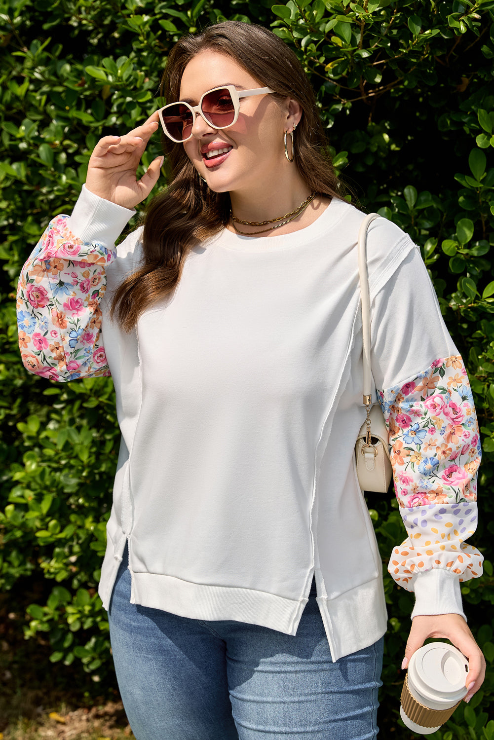 White Plus Size Exposed Seam Detail Contrast Dot Floral Patchwork Sleeve Sweatshirt