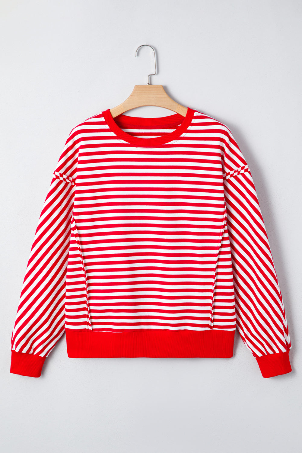 Red Stripe Exposed Seam Cotton Casual Pullover Top