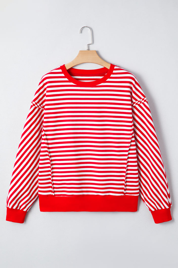 Red Stripe Exposed Seam Cotton Casual Pullover Top