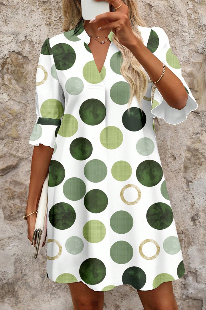 Green Polka Dot Print Flounced Half Sleeve Casual Vacation Style Mini Dress